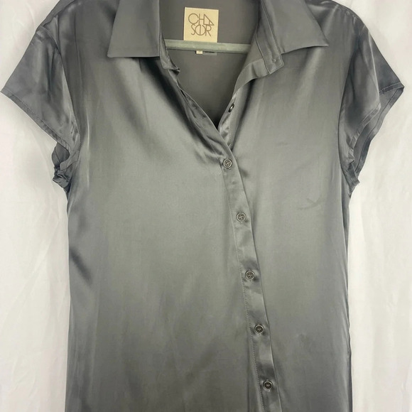 NWT Chaser Silky Shiny Gray Short Sleeve Beck Midi Shirt Dress Size Small - Picture 3 of 8